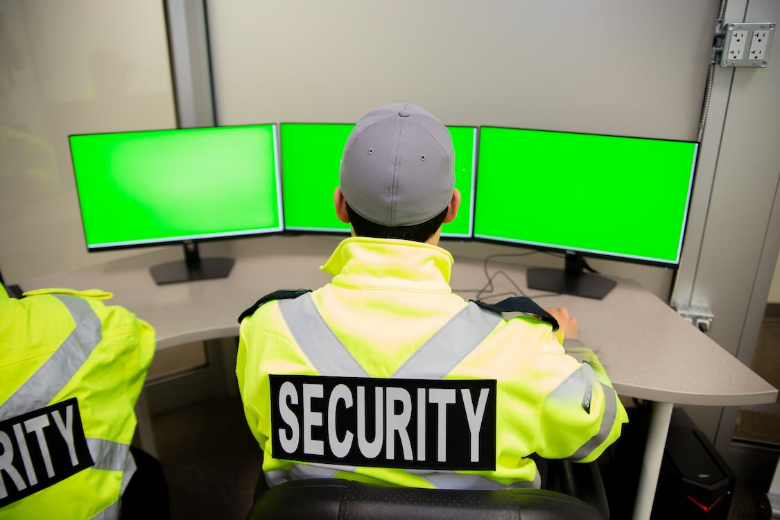 security guards monitoring surveillance cameras 